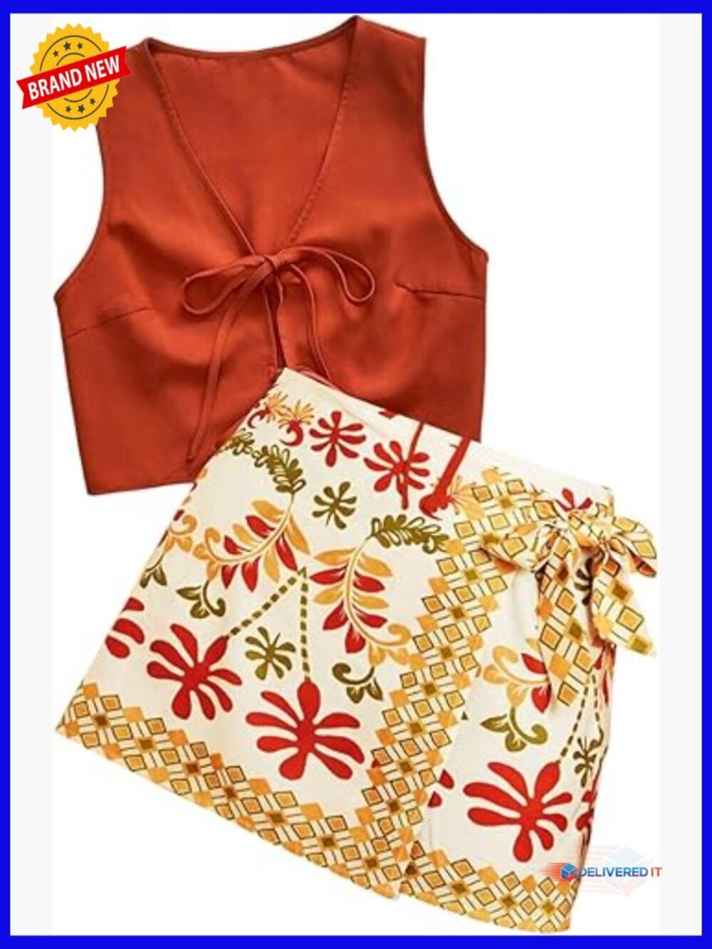 Women's 2 Piece Summer Set Tie Front Top and Wrap Skirt Set